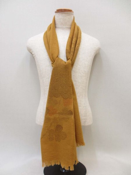 画像2: ウールガーゼストール  堰き出し四君子に菊 マスタード 茶 (2)