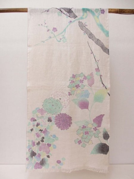 画像5: 手描き友禅 リネンガーゼストール 季節のうつろい 白緑 (5)