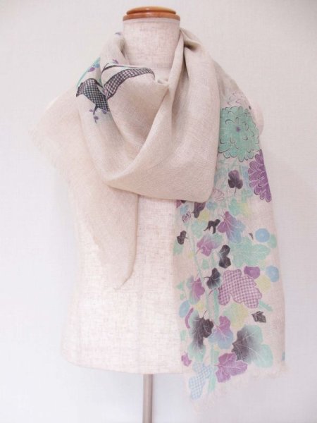 画像3: 手描き友禅 リネンガーゼストール 季節のうつろい 白緑 (3)