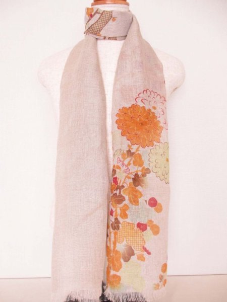 画像3: 手描き友禅 リネンガーゼストール 季節のうつろい オレンジ (3)