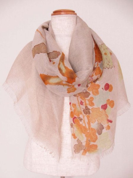 画像2: 手描き友禅 リネンガーゼストール 季節のうつろい オレンジ (2)