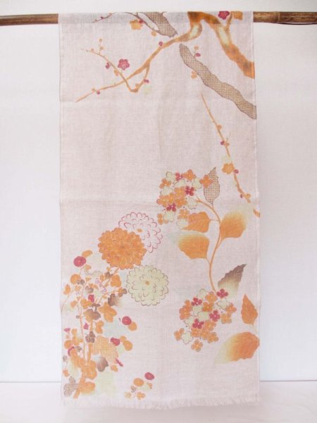 画像5: 手描き友禅 リネンガーゼストール 季節のうつろい オレンジ (5)