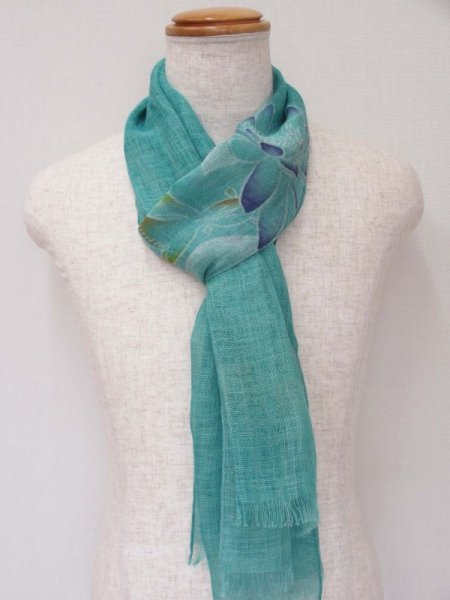 画像3: 手描友禅　リネンストール 睡蓮 金魚 (3)