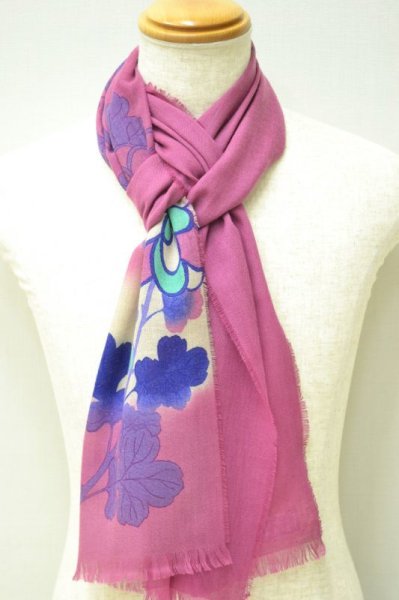 画像5: 手描友禅 カシミヤストール こもれび 菊 赤紫 (5)