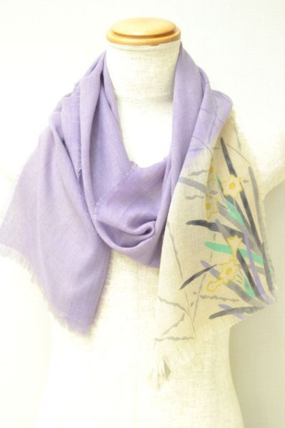 画像5: 手描友禅 カシミヤストール こもれび 水仙 ラベンダー (5)