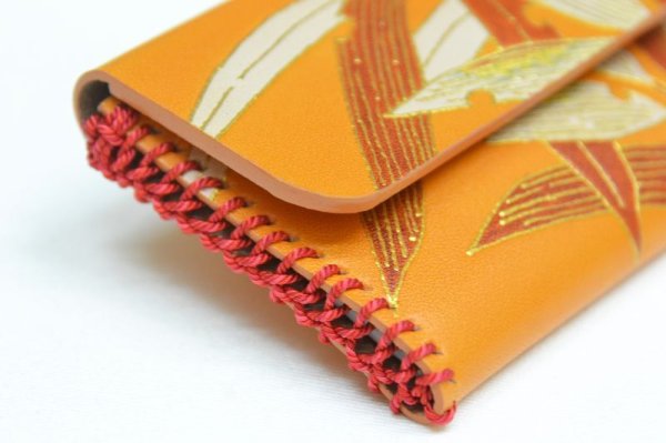 画像5: 手描友禅 レザー 名刺入れ 笹 橙 (5)