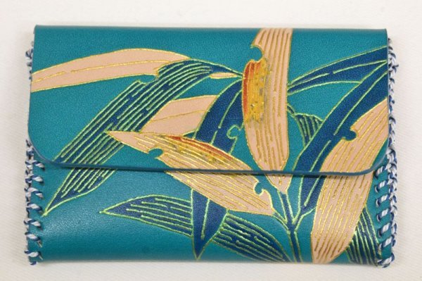 画像3: 手描友禅 レザー 名刺入れ 笹 青 (3)