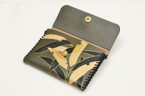 画像7: 手描友禅 レザー 名刺入れ　笹　灰 (7)