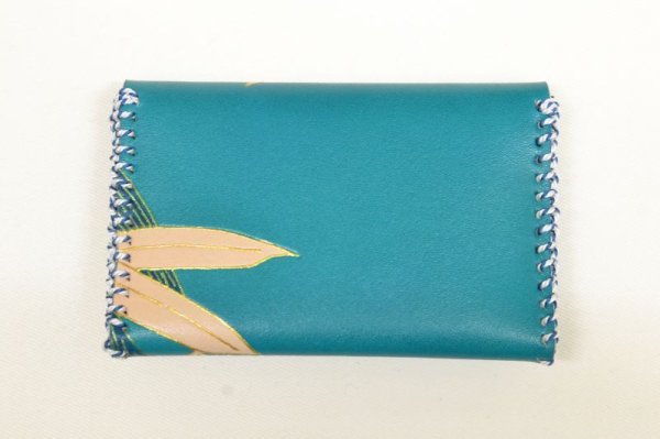 画像4: 手描友禅 レザー 名刺入れ 笹 青 (4)