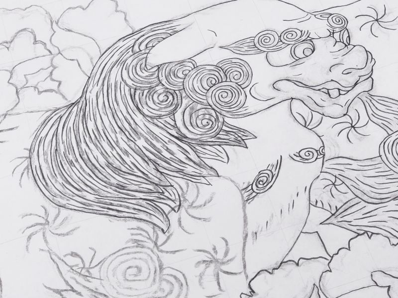 オーダーメイド　羽裏（額裏）獅子牡丹　草稿