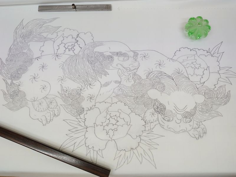 オーダーメイド　羽裏（額裏）　獅子牡丹　下絵